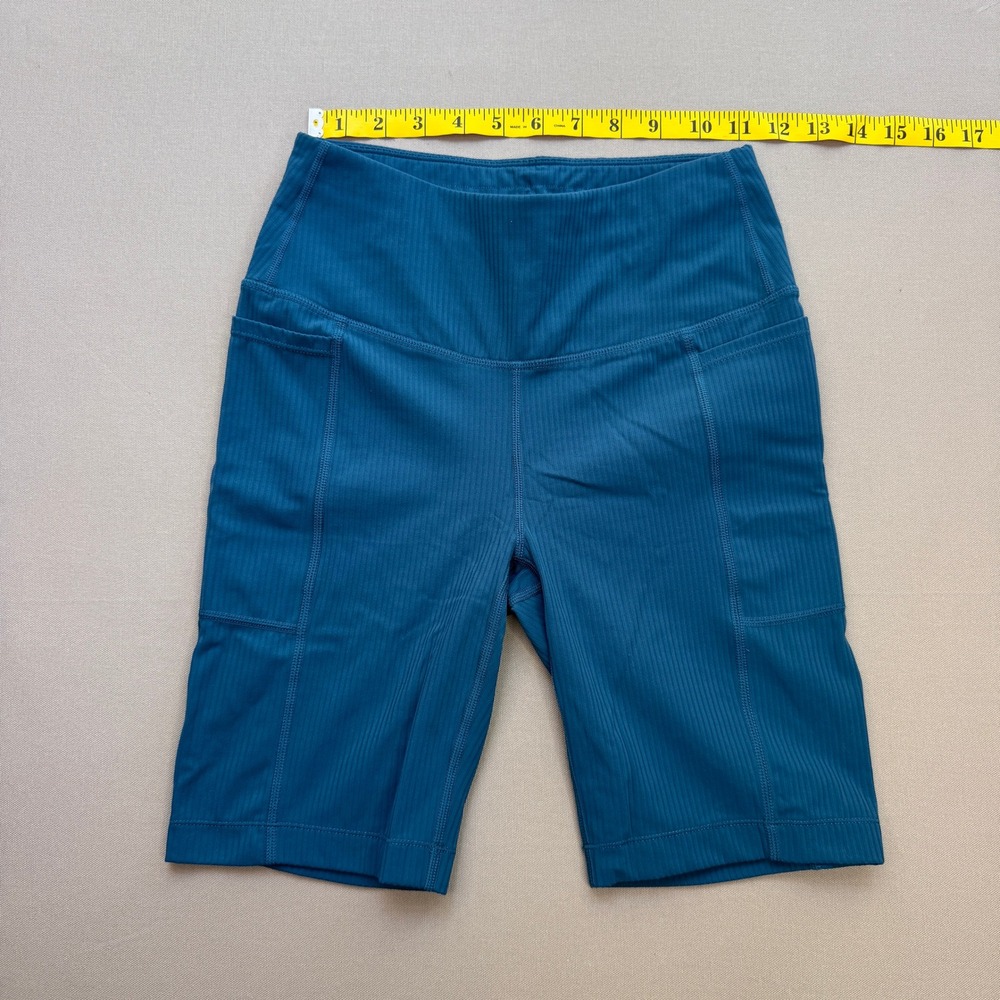 Mondetta Performance Ribbed Bike Shorts Teal Blue High Rise Pockets XS